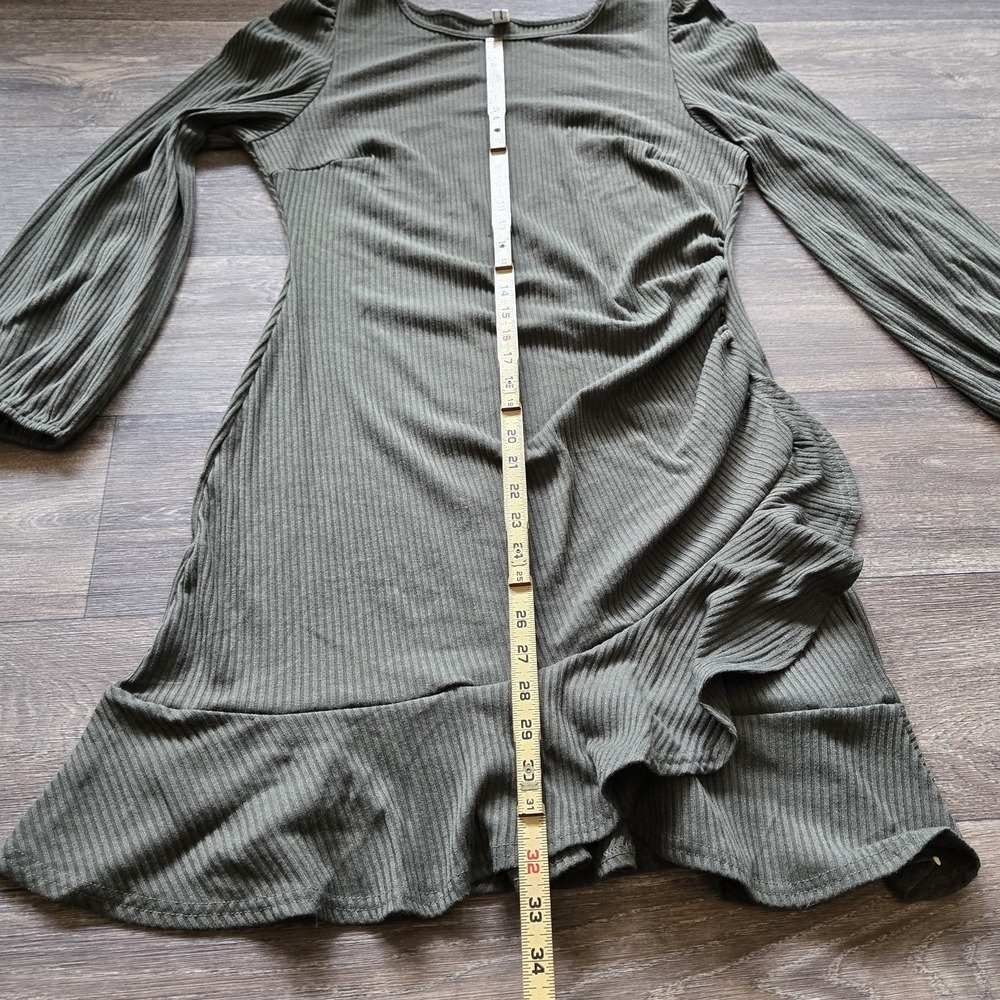 Dark Academia Long Sleeve Bodycon Mini‎ Dress Round Neck Knit Ruffle Ribbed - Picture 6 of 8